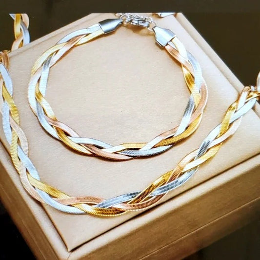 Stainless Steel Three Tones Braided Necklace and Bracelet