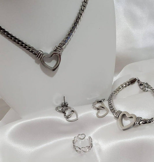 18K Gold Plateds Stainless Steel Cuban Chain Heart Jewelry Set