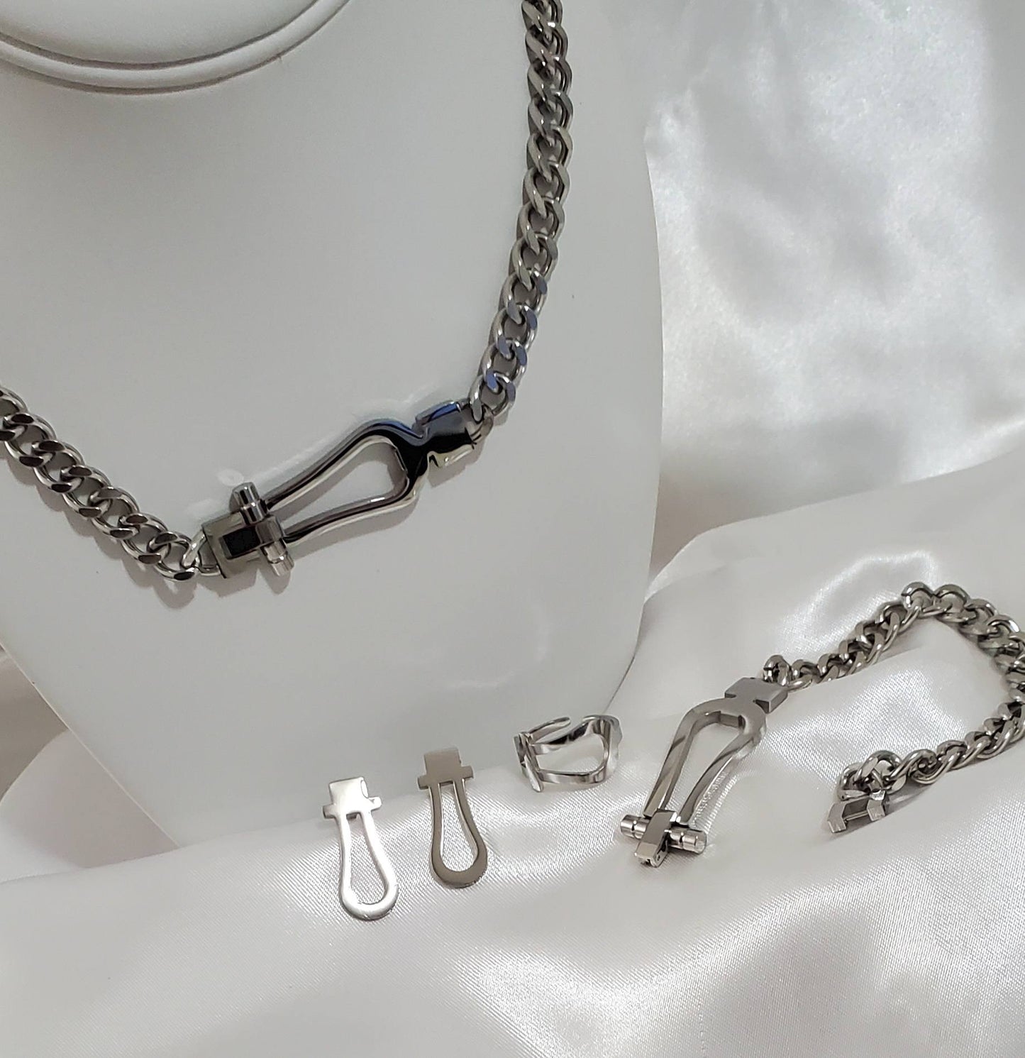 Geometric Vintage Punk Cuban Link Stainless Steel Silver Jewelry Set