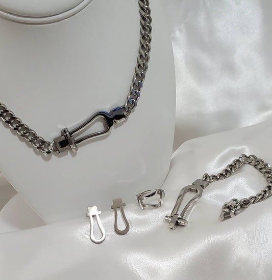 Geometric Vintage Punk Cuban Link Stainless Steel Silver Jewelry Set