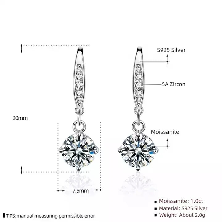 Certified Moissanite 2 ct Drop Earring S925 Sterling Silver