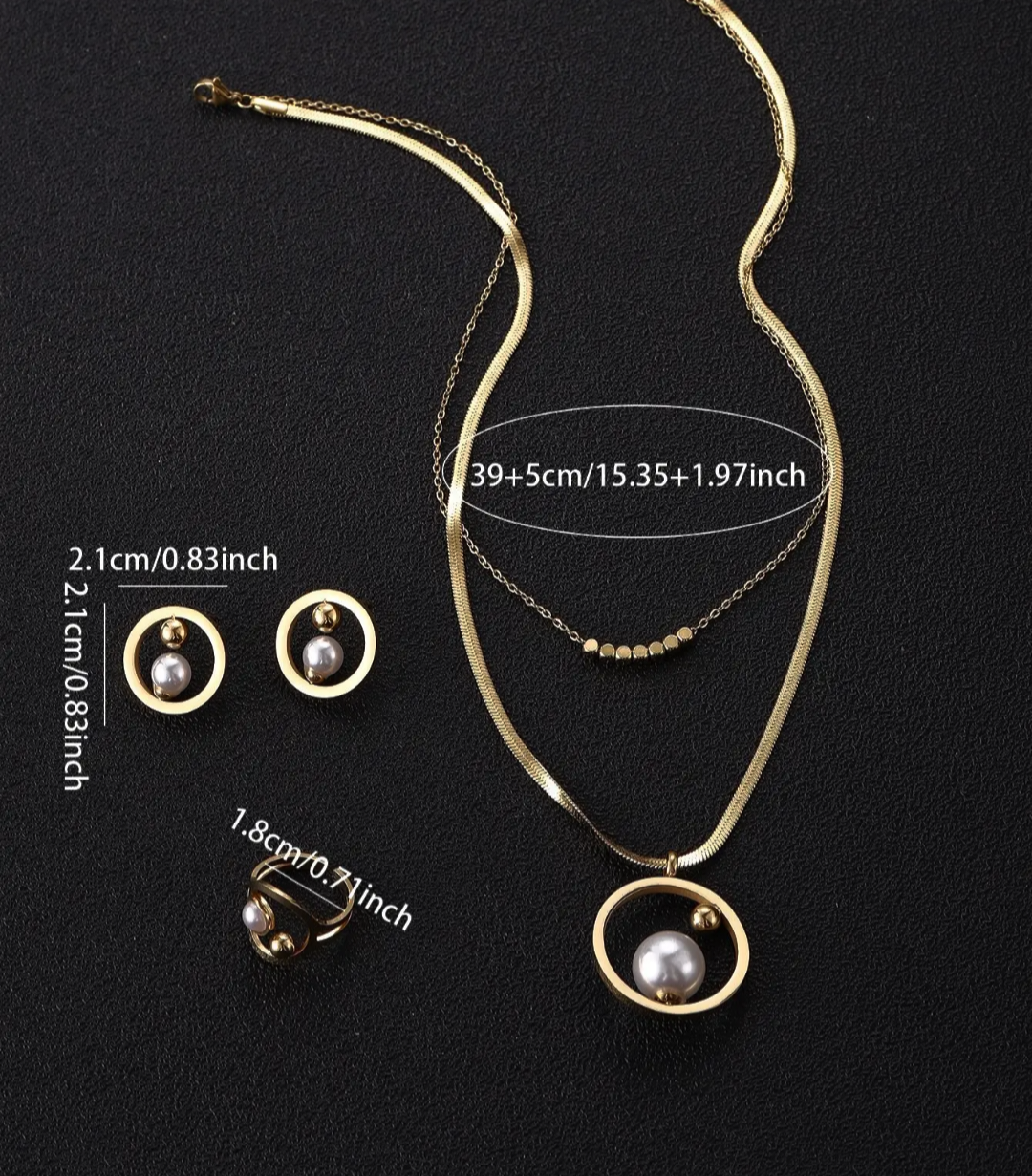 Vintage 18K Gold Plated Blade Chain Ring & Pearl Necklace Jewelry Set