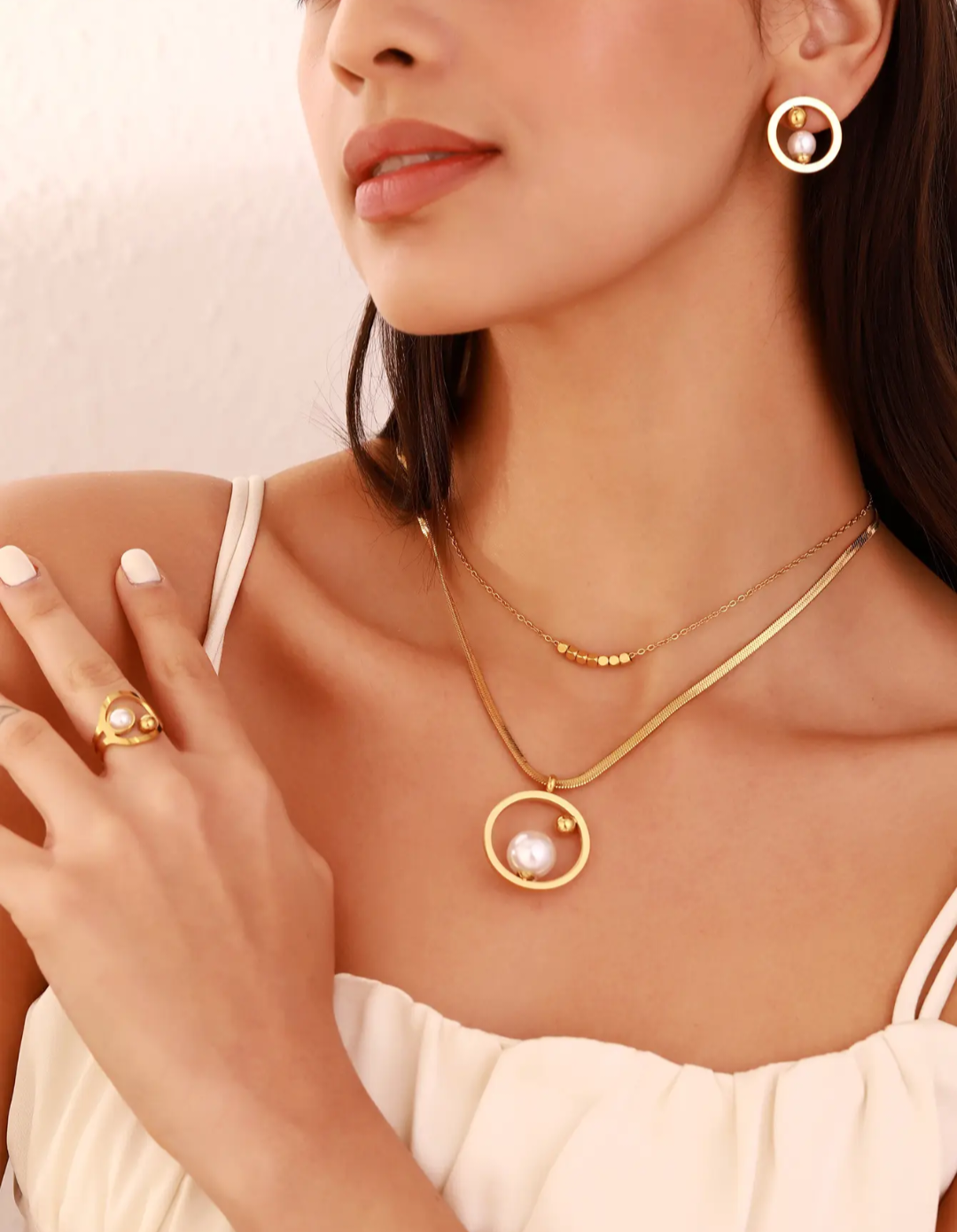 Vintage 18K Gold Plated Blade Chain Ring & Pearl Necklace Jewelry Set