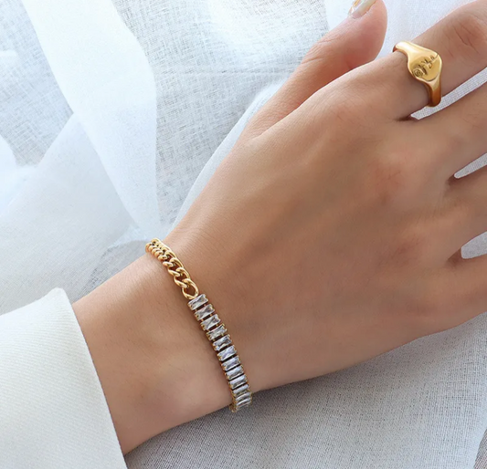 18K Gold Plated Stainless Steel Spliced Chain Bracelet with Diamond Zircon Accents