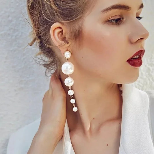 Bohemian Long Pearl Drop Earrings Gold Dangle Pearl Earrings Vintage Pearl Stud