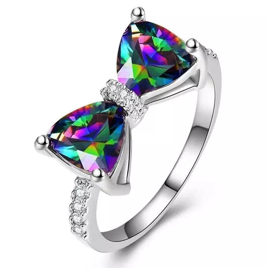 925 Sterling Silver White Gold Plated Bow Ring – Crystal Zircon