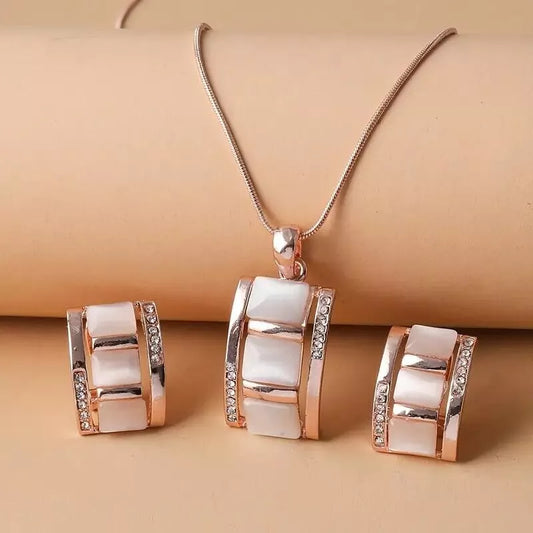 3 PCS Fashion Women Imitation Opal Pendant Necklace Stud Earrings Set Rhinestone