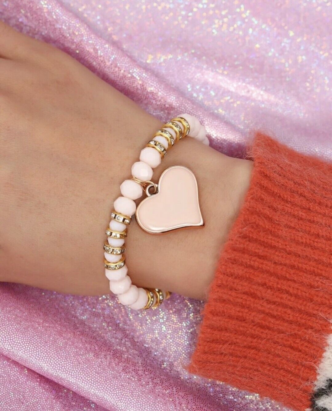 Pulsera con cuenta diseño de diamante de imitación con accesorio de corazón