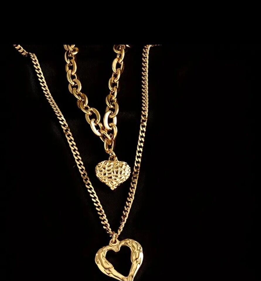 Collar Doble Cadena Corazon en Dorado